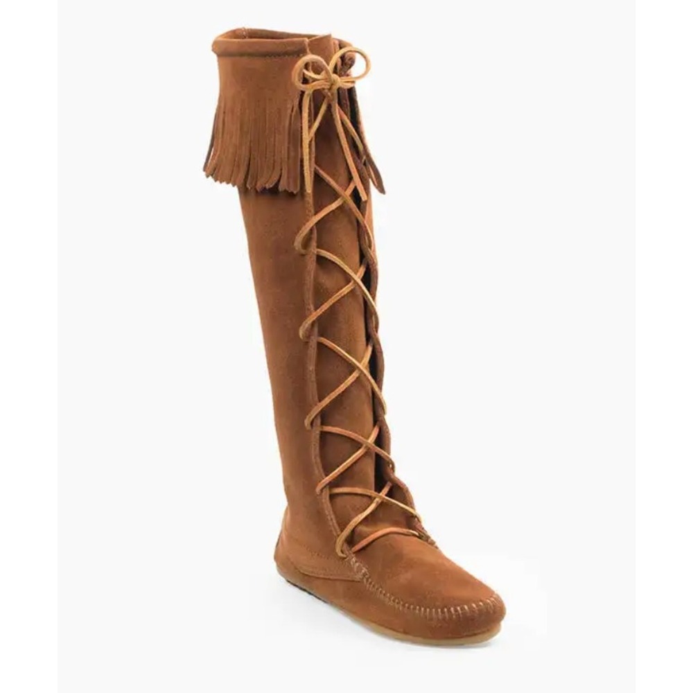 Minnetonka Front Lace Knee High Fringe Boots Brown Suede Women 9 Excellent